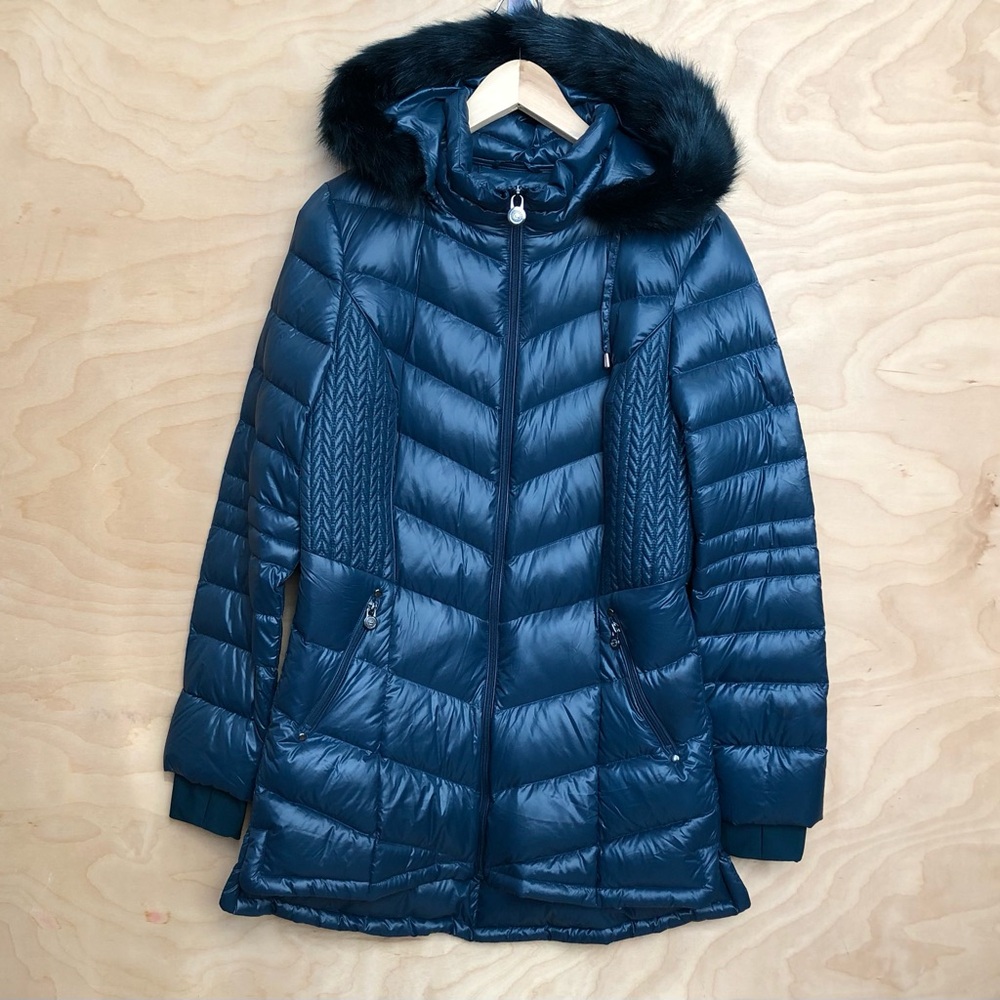 Curations Caravan Down Jacket Blue Faux Fur Contract Outwear Women Sz M